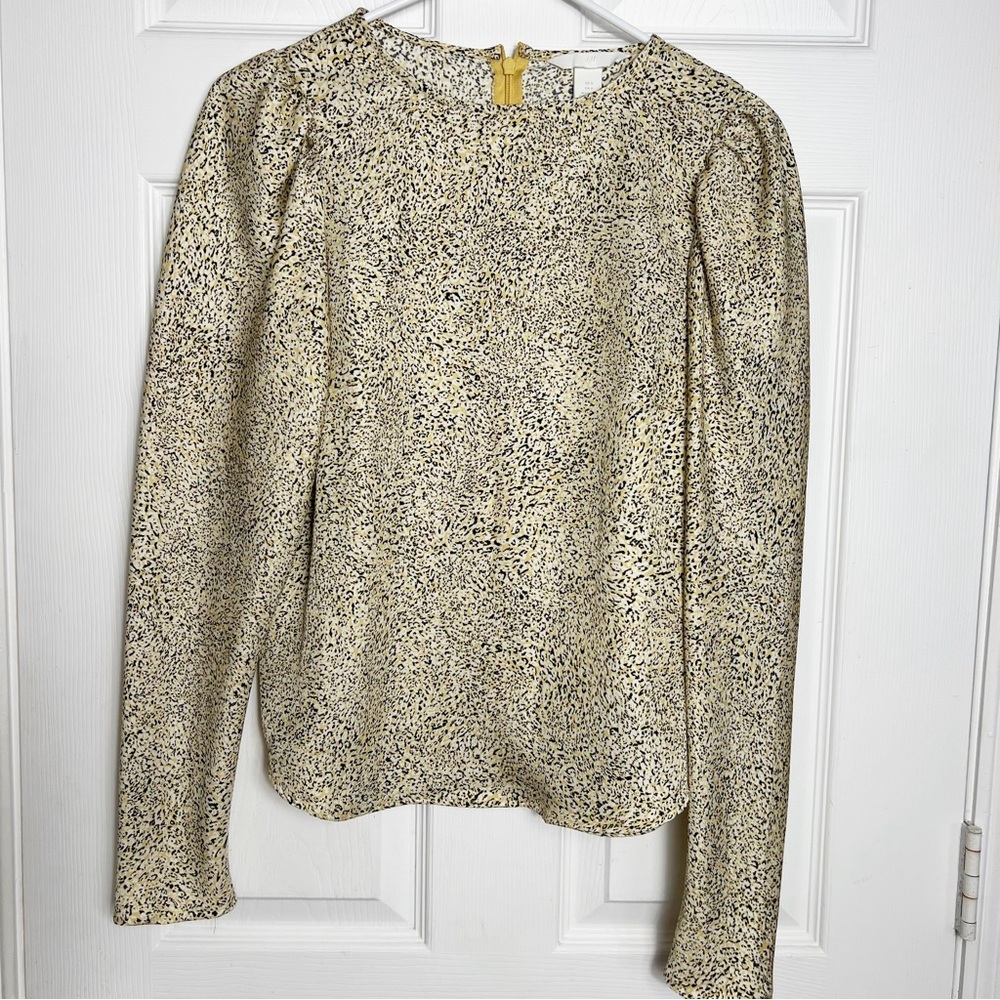H&M | Printed Blouse Womens Medium Cream Black Long Sleeve Crew Neck Top